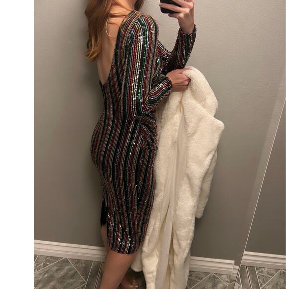 Dress The Population Emilia Rainbow Long Sleeve Sequin Open Back Bodycon Dress - Picture 4 of 8